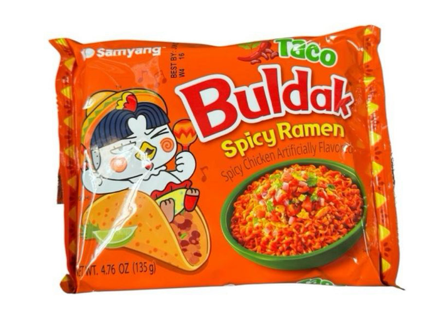 Samyang Buldak Spicy Ramen Taco Flavor Noodles 4.76 Oz 135g Spicy Chicken Artificially Flavored Instant Noodles